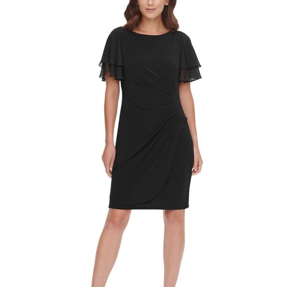 JESSICA HOWARD Petite Chiffon-Sleeve Sheath Dress Black Size 14P